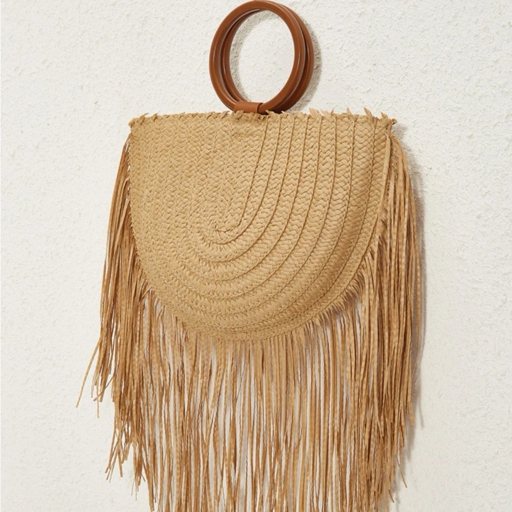 Khaki Fringe Decor Plaited Straw Bag